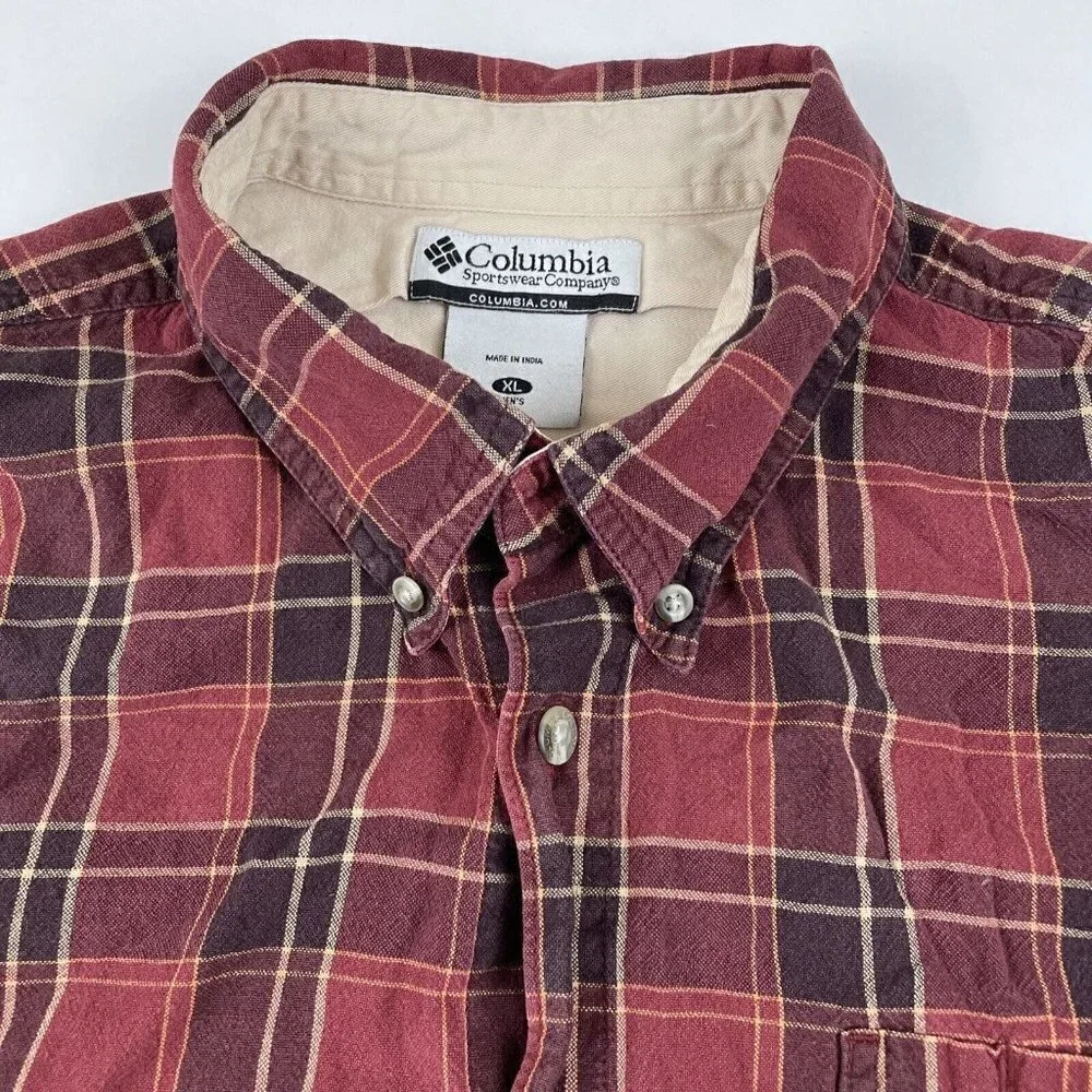 Columbia Button Up Plaid Shirt Men’s XL Cotton Reds Orange Long Sleeve Outdoors